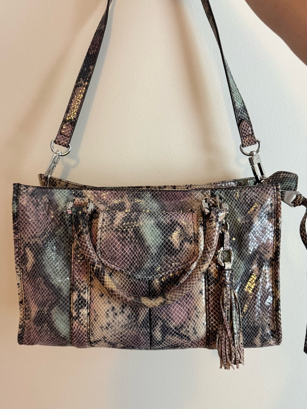 Aimee Kestenberg rainbow snakeskin snake bag with crossbody strap euc